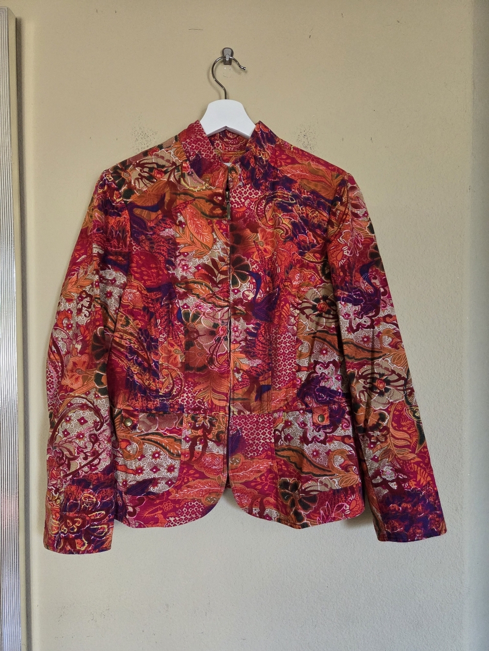 Coldwater Creek Vibrant Floral Print Women's Jacket Mandarin Collar Cotton